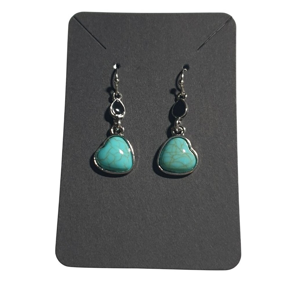 Heart Shaped Blue Dangle Earrings Silver Tone Hooks Durable Lightweight 1.5 Inch